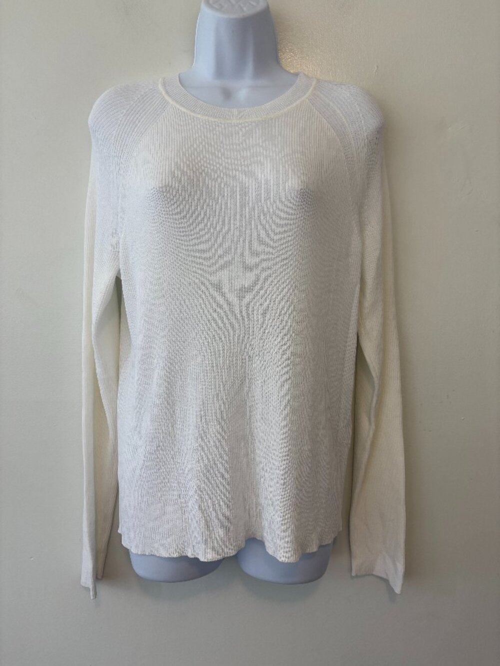 Eileen Fisher White Ribbed Knit Crewneck Sweater Long Sleeve Top Size Medium
